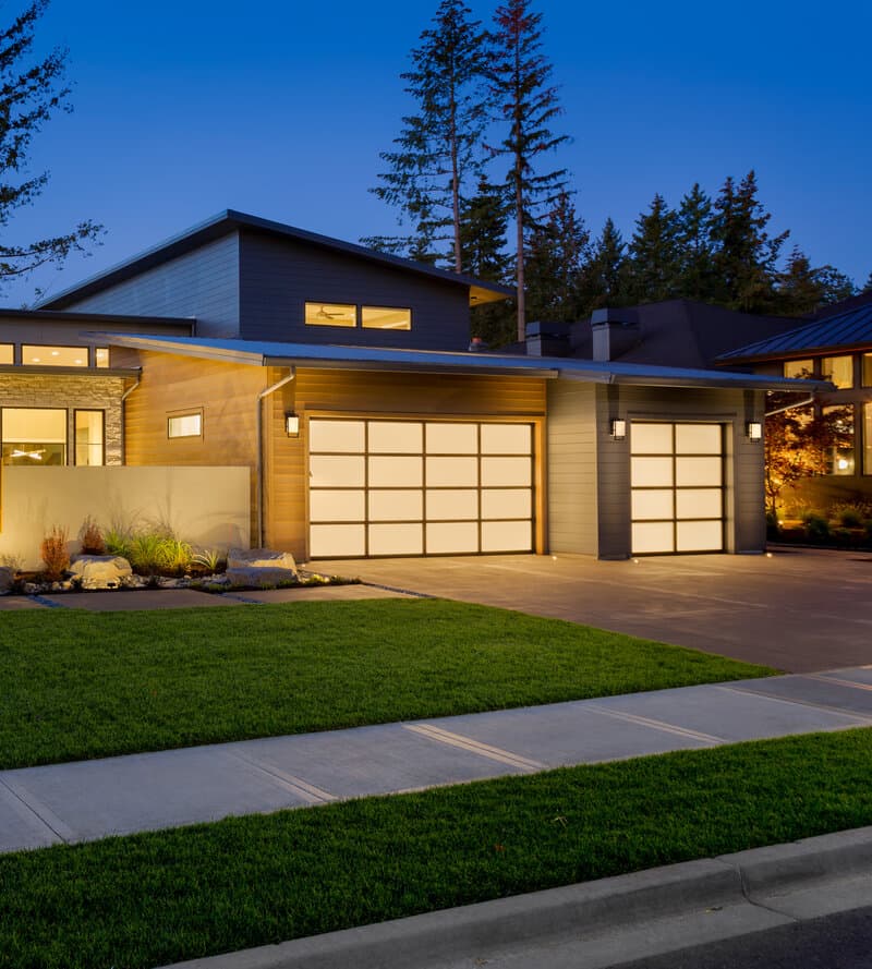 Beautiful garage door at twilight